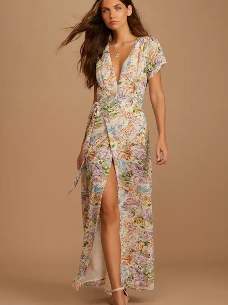 Lulus Feels Magical Ivory Floral Print Short Sleeve Wrap Maxi Dress - Medium